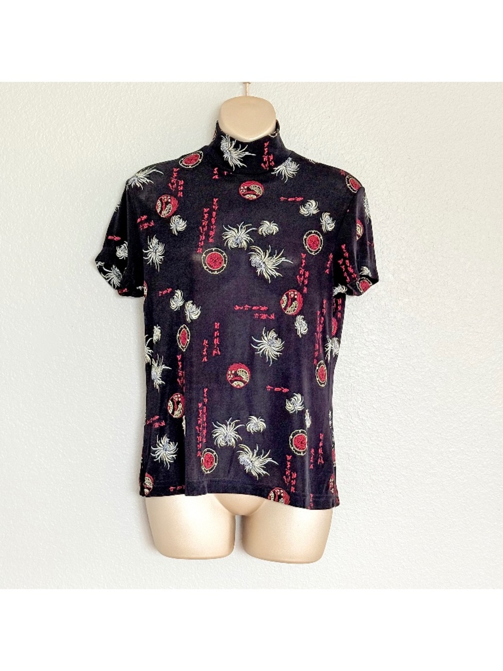VTG 80s Whimsigoth Asian Mock Neck Semi Sheer Slinky Top | Frazier Lawrence Sz M